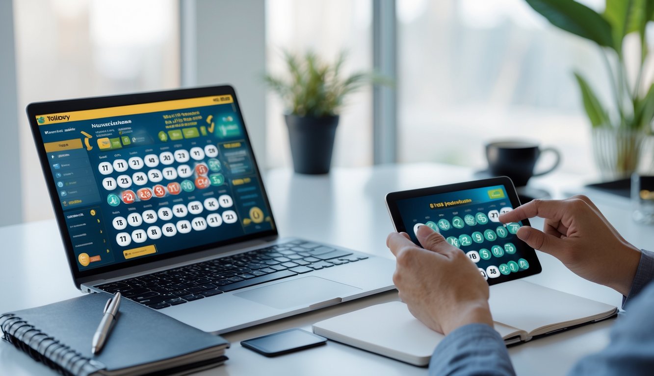 Seseorang sedang menggunakan laptop dan perangkat layar sentuh di meja kerja dengan alat tulis dan kopi, fokus memilih angka dalam permainan togel online.