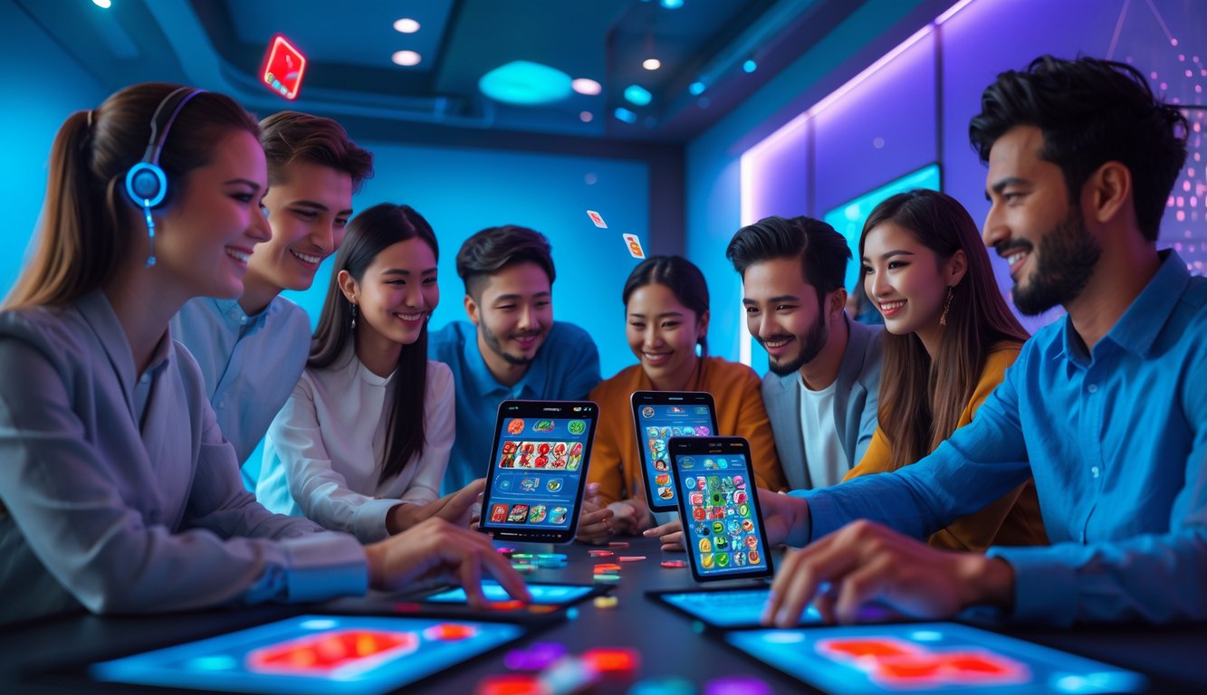 Sekelompok orang muda bermain permainan kartu online dengan perangkat digital di ruangan futuristik yang terang dan modern.