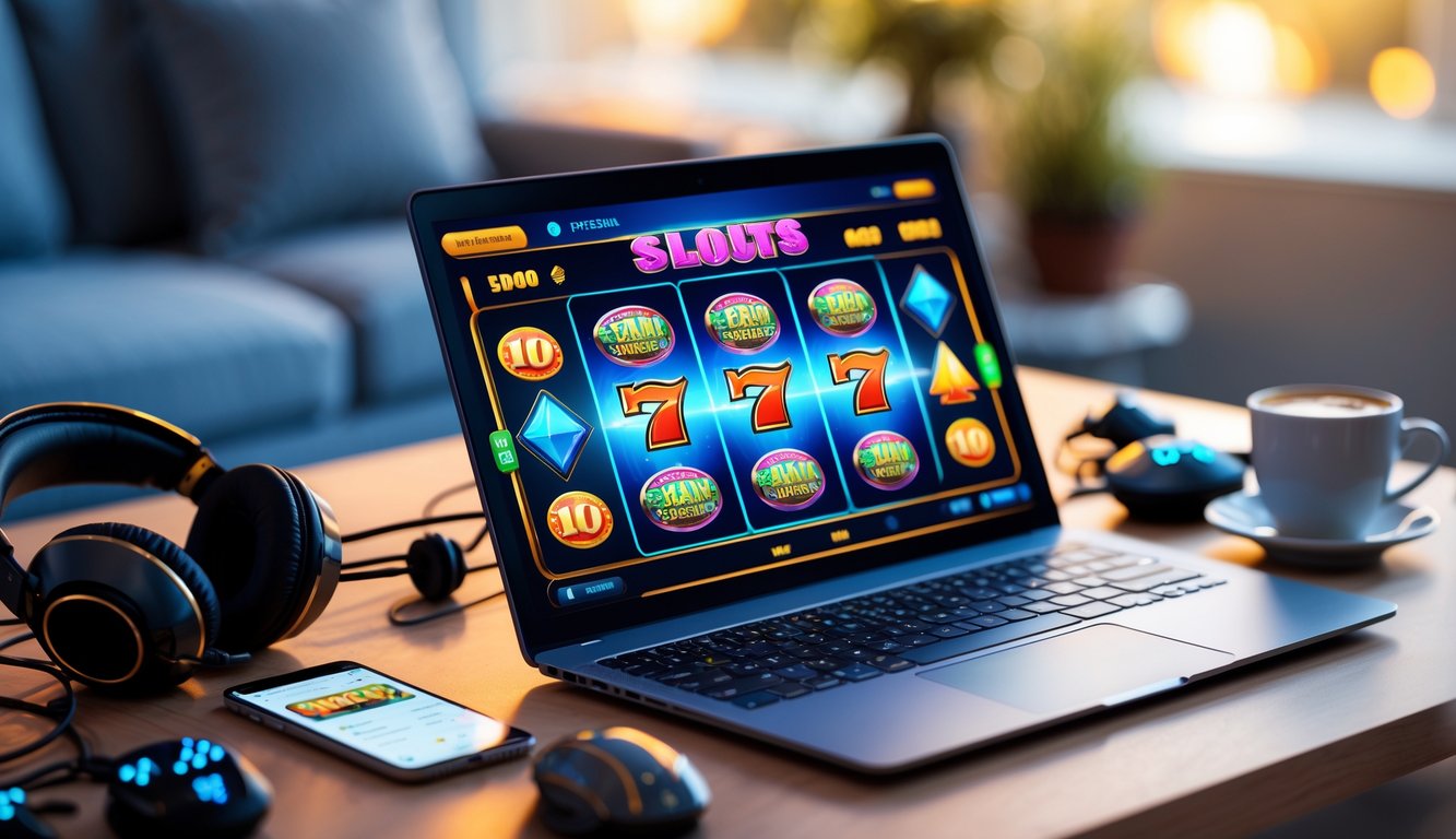 Seorang pria menggunakan laptop dengan layar menampilkan permainan slot online di meja kerja yang rapi dengan latar belakang ruangan yang nyaman.