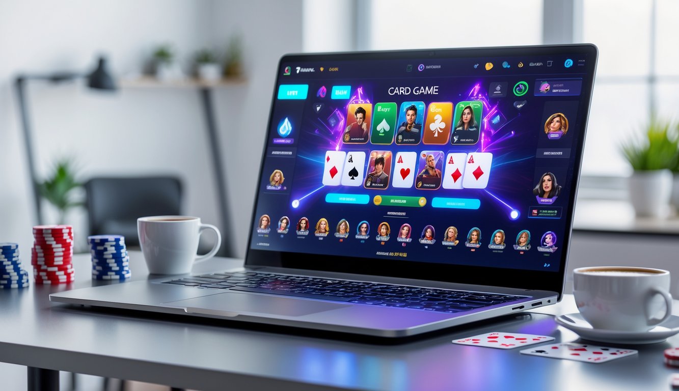 Sebuah meja kerja dengan komputer yang menampilkan permainan kartu online, dikelilingi oleh peralatan bermain kartu seperti chip dan kartu, dengan pencahayaan terang.