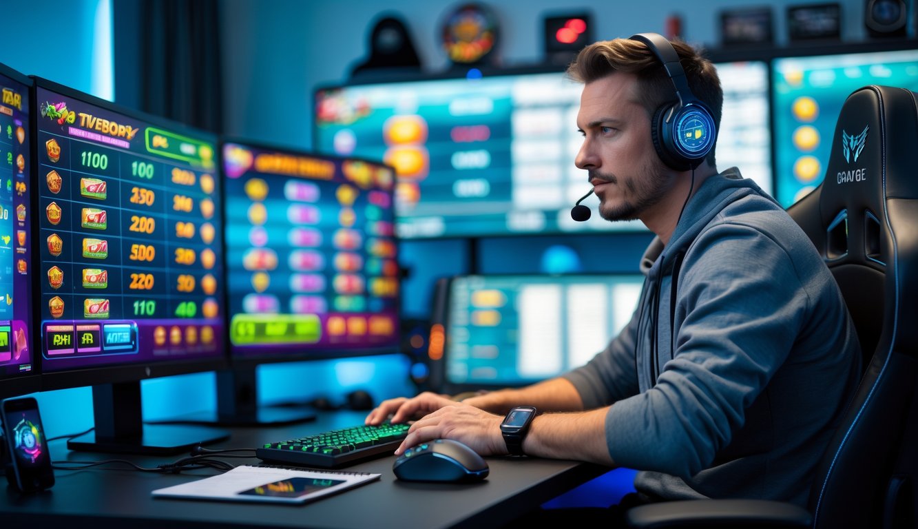 Seorang pria dewasa fokus bermain game slot online di depan beberapa monitor dengan grafik warna-warni di ruangan yang rapi dan terang.