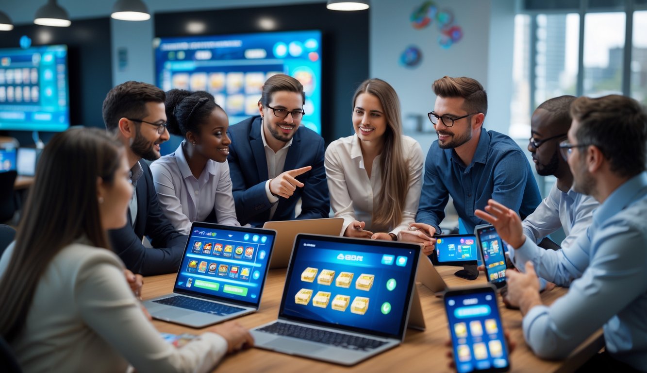 Sekelompok orang sedang berdiskusi di meja kerja dengan perangkat digital yang menampilkan permainan slot online.