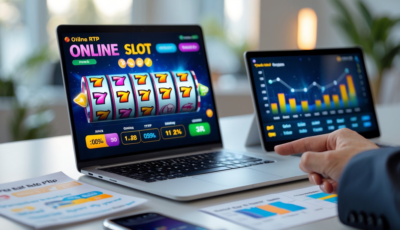 Meja kerja modern dengan laptop dan ponsel yang menampilkan permainan slot online, serta tangan menunjuk pada catatan statistik permainan.