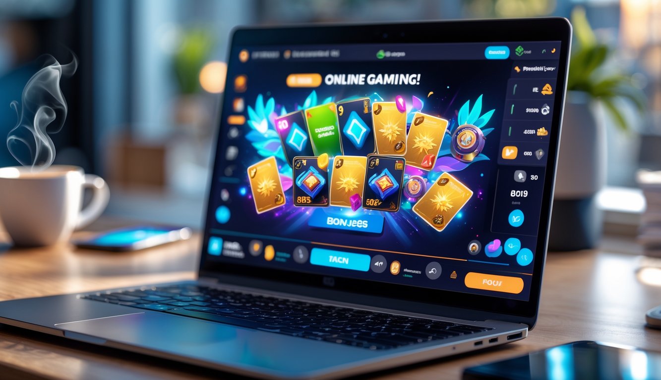 Seseorang menggunakan laptop di meja kerja dengan tampilan permainan kartu online di layar.