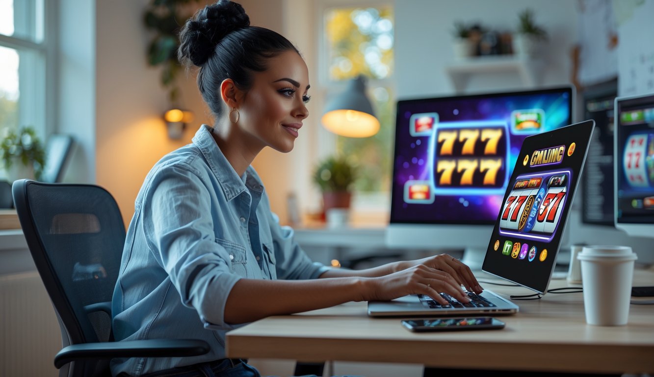 Seorang wanita muda duduk di meja sambil bermain permainan slot online di laptop di ruang kerja yang nyaman.