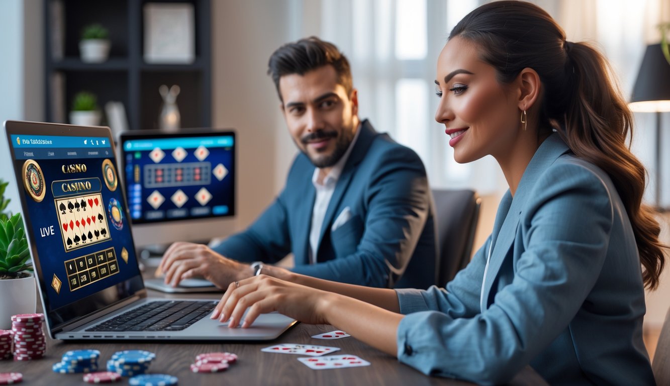 Seorang pria dan wanita dewasa sedang bermain permainan kasino online langsung di laptop dan ponsel di meja kerja di rumah.