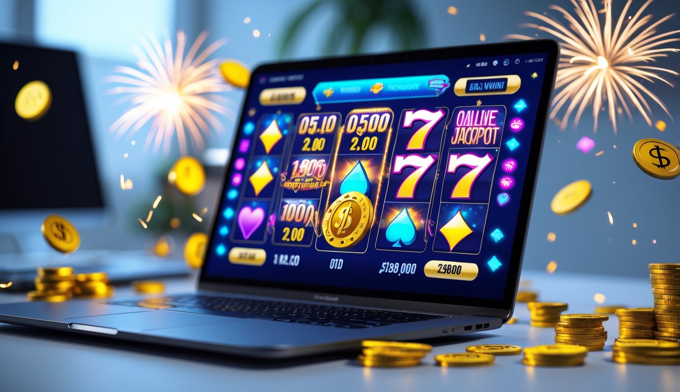 Seseorang menggunakan laptop atau ponsel untuk bermain permainan jackpot online dengan koin dan chip poker di sekitar perangkat.