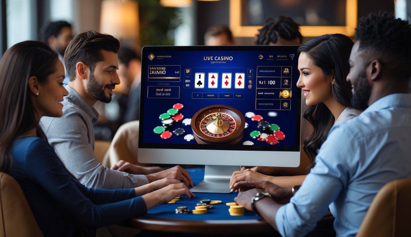 Orang-orang sedang bermain permainan kasino online secara langsung dengan komputer dan perangkat di ruangan yang nyaman.