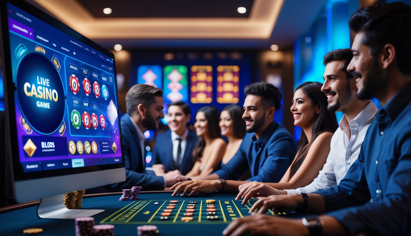 Orang-orang sedang bermain permainan kasino online secara real-time di depan layar komputer dengan suasana kasino digital di latar belakang.