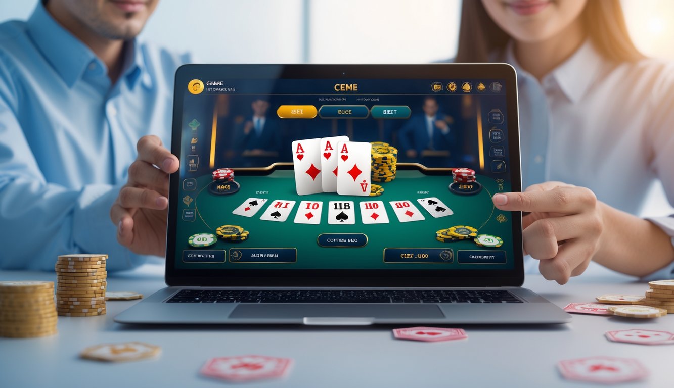Seorang pemain menggunakan laptop untuk bermain permainan kartu Ceme online dengan ekspresi percaya diri.