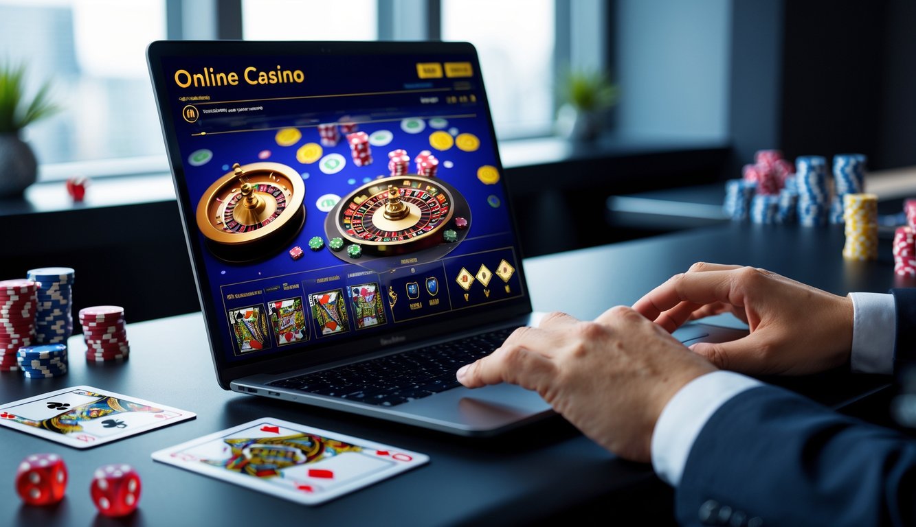 Seseorang menggunakan laptop dengan permainan kasino langsung di layar, dikelilingi oleh kartu remi dan chip kasino di meja.