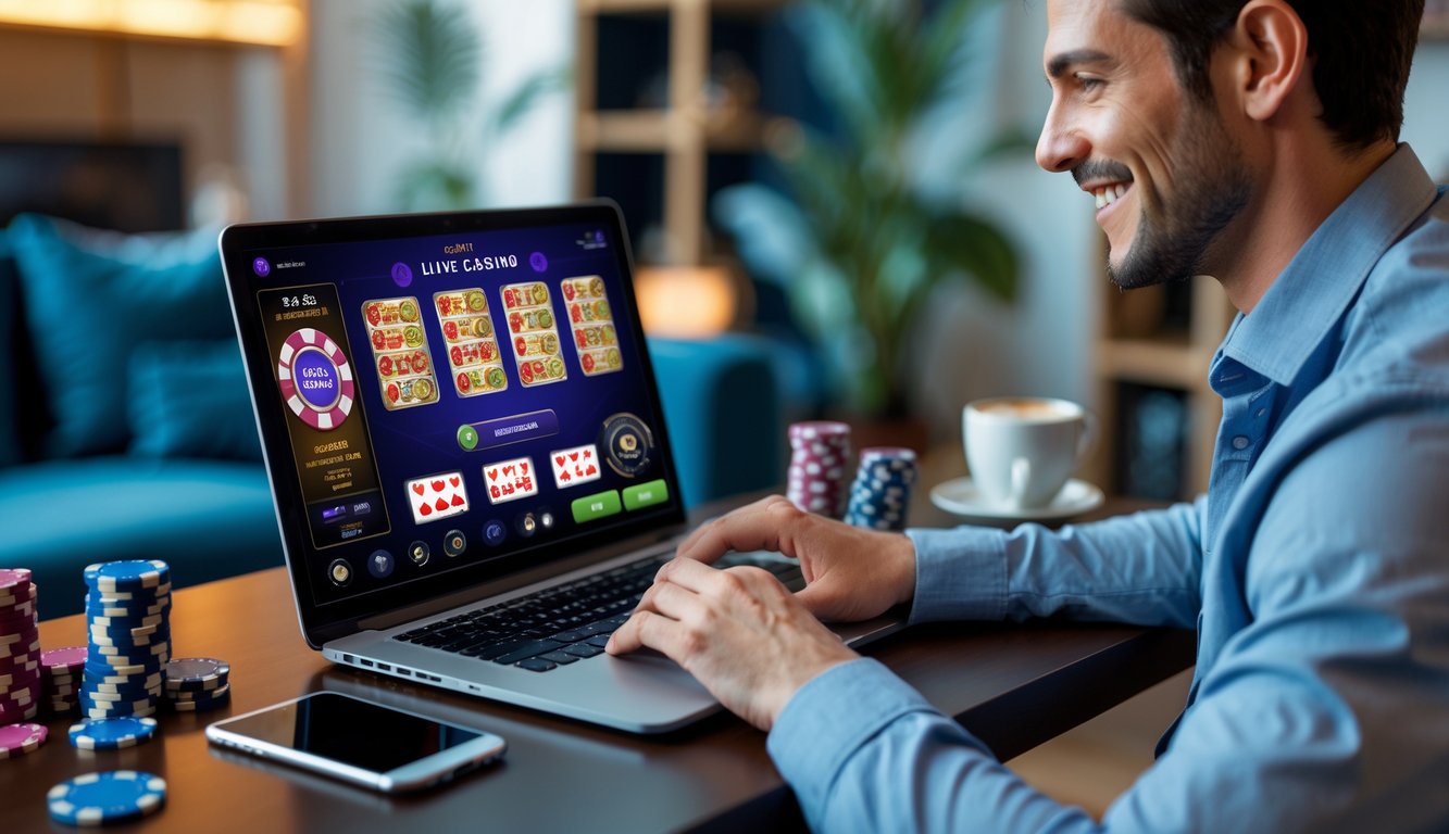 Seseorang yang fokus bermain permainan kasino online di laptop di dalam ruangan yang nyaman.