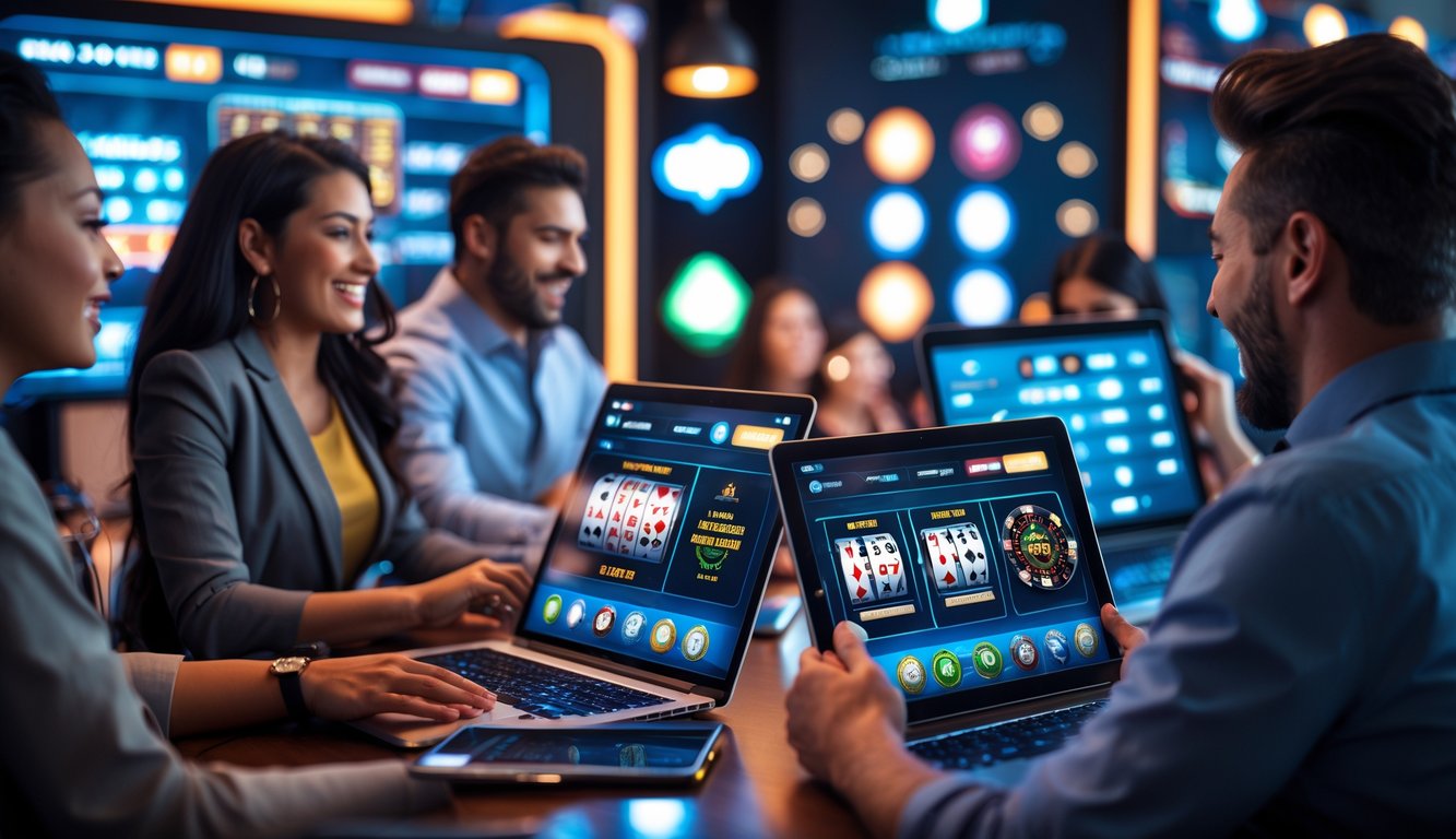 Sekelompok orang bermain permainan kasino online secara interaktif menggunakan berbagai perangkat digital.