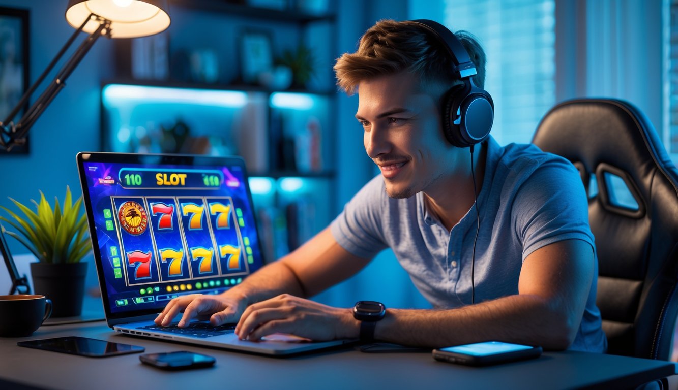Seorang pemain muda duduk di meja modern sambil fokus pada layar laptop yang menampilkan permainan slot online dengan ekspresi percaya diri.
