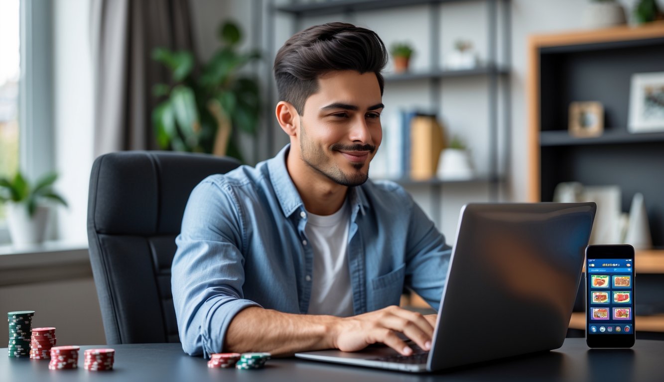 Seorang dewasa muda yang percaya diri duduk di meja modern sambil bermain slot online di laptop dalam ruangan yang rapi dan terang.