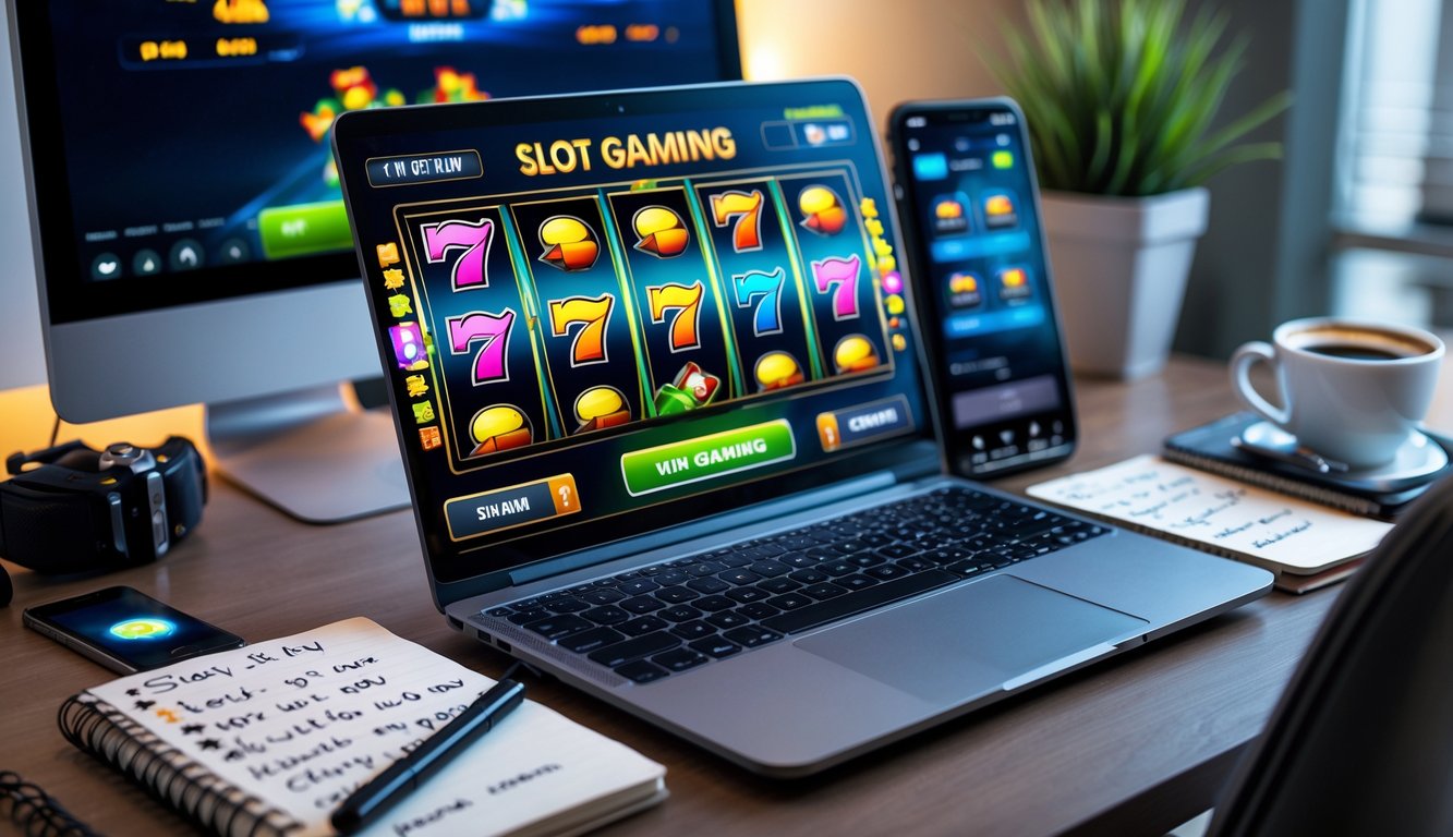 Seorang pemain sedang menggunakan laptop dengan tampilan permainan slot online di meja kerja yang rapi dengan catatan dan kopi di sampingnya.