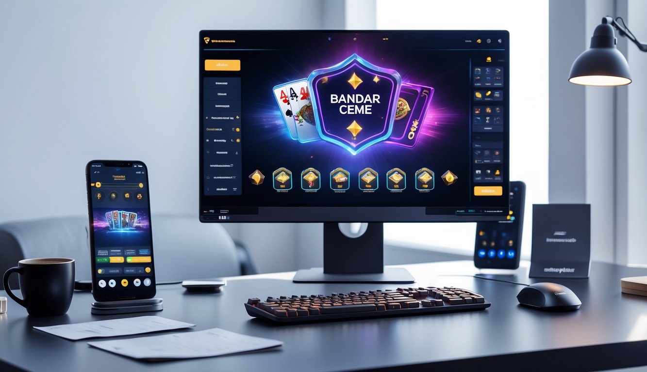 Sebuah meja kerja dengan komputer yang menampilkan permainan kartu Bandar Ceme online, dilengkapi dengan aksesori seperti keyboard, mouse, dan ponsel di sekitarnya.