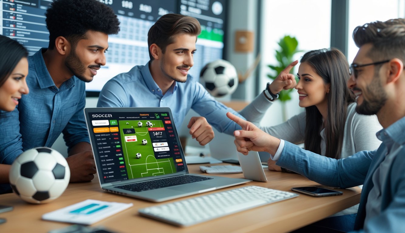 Beberapa orang sedang menggunakan laptop untuk memasang taruhan bola secara online di sebuah ruang kerja modern.