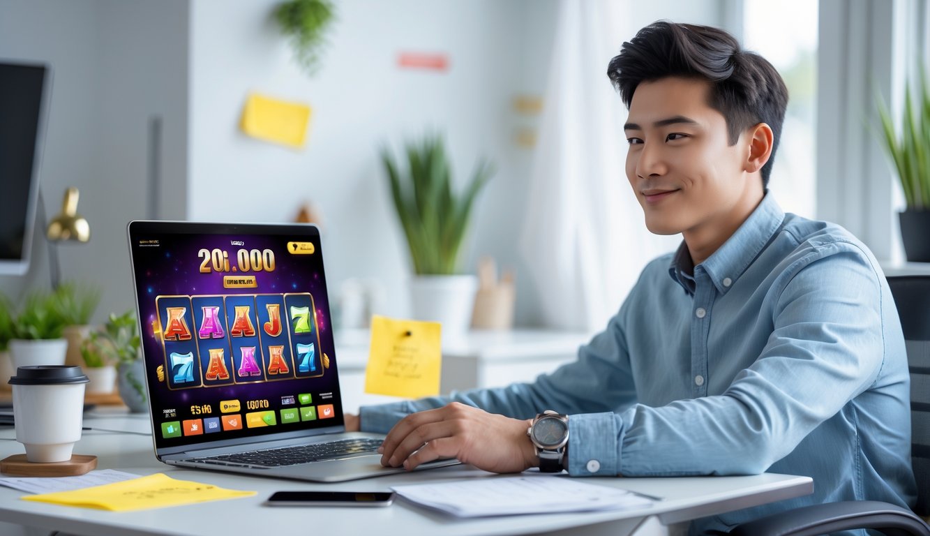 Seorang dewasa muda duduk di meja dengan laptop yang menampilkan permainan slot online, terlihat fokus dan optimis di ruang kerja yang terang dan rapi.