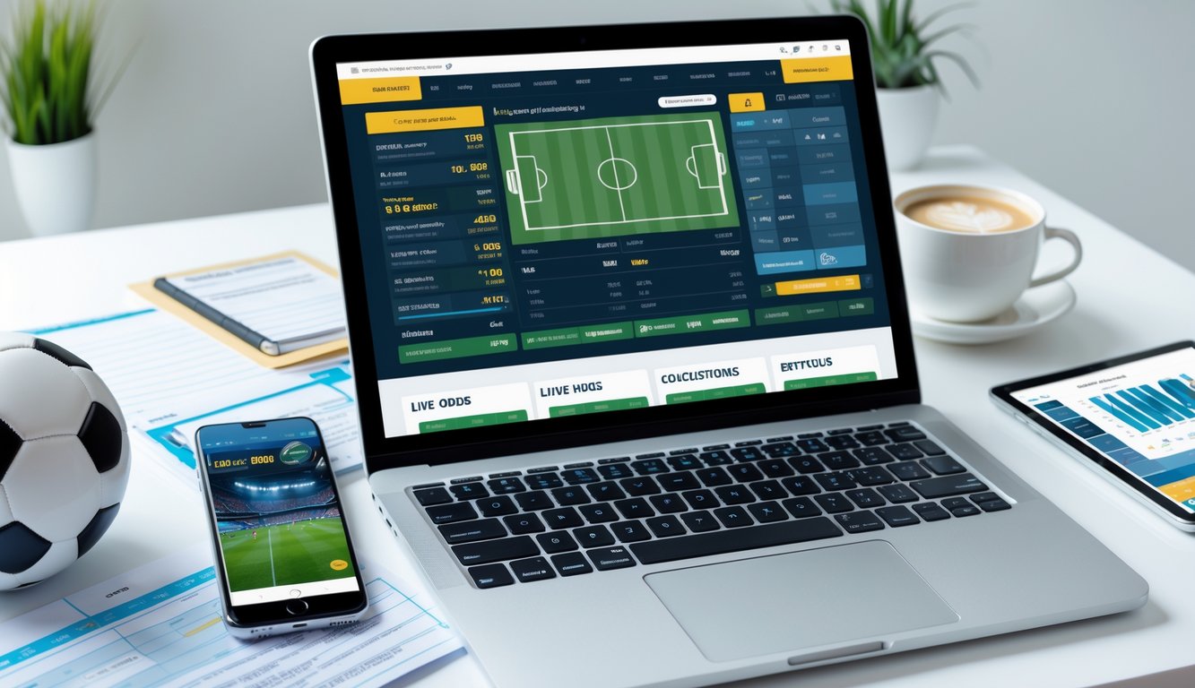 Seorang pria sedang menggunakan laptop dengan tampilan situs taruhan bola online, dikelilingi catatan dan ponsel yang menampilkan pertandingan sepak bola.