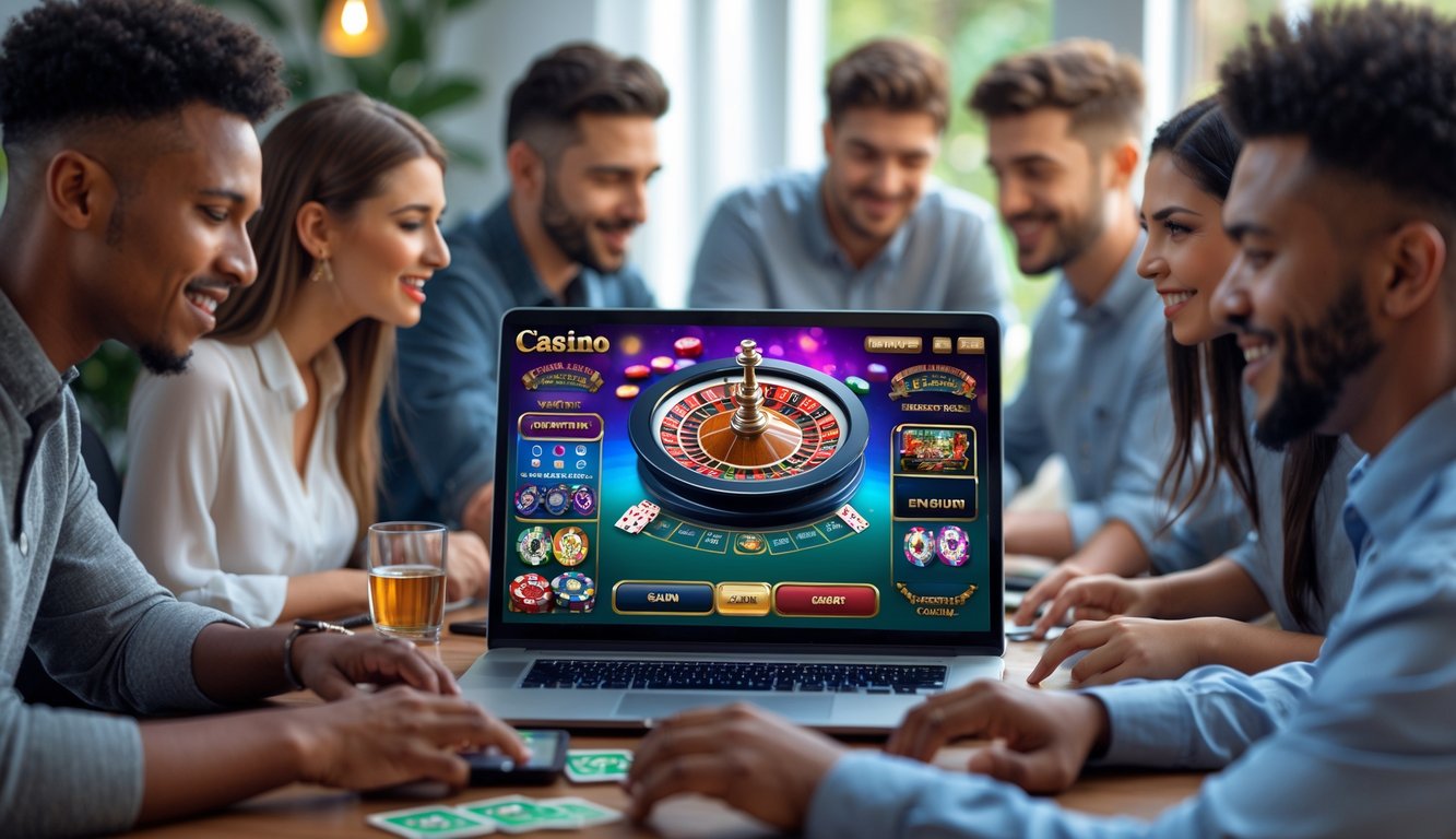 Beberapa orang muda bermain game online dengan uang asli di layar komputer di dalam ruangan.
