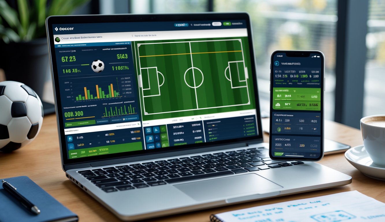 Seorang pria menggunakan laptop dan ponsel untuk melihat prediksi dan taruhan sepak bola online di meja kerja yang rapi.