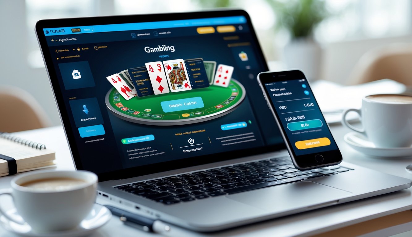 Meja kerja dengan laptop dan ponsel yang menampilkan aplikasi perjudian online dan pembayaran pulsa.