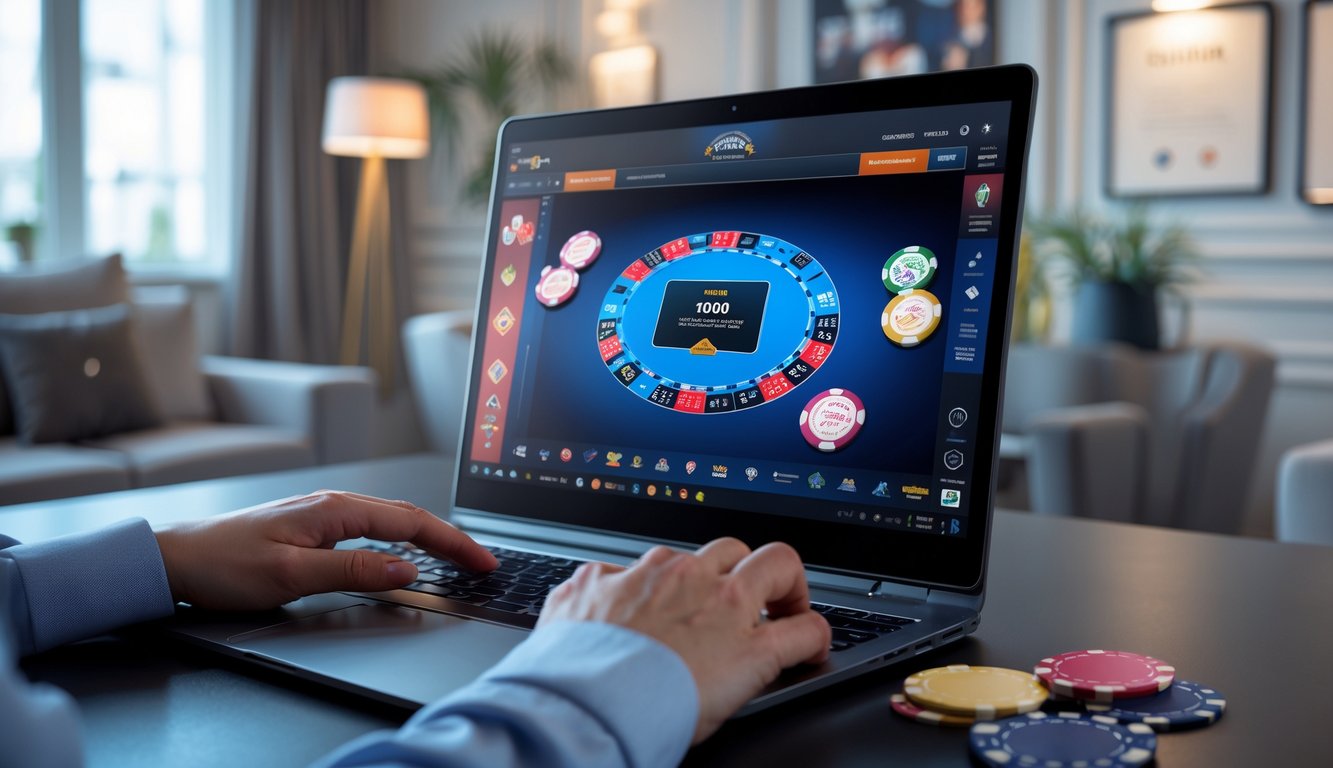 Seseorang menggunakan komputer dengan permainan poker online yang menampilkan kartu dan chip poker di layar.