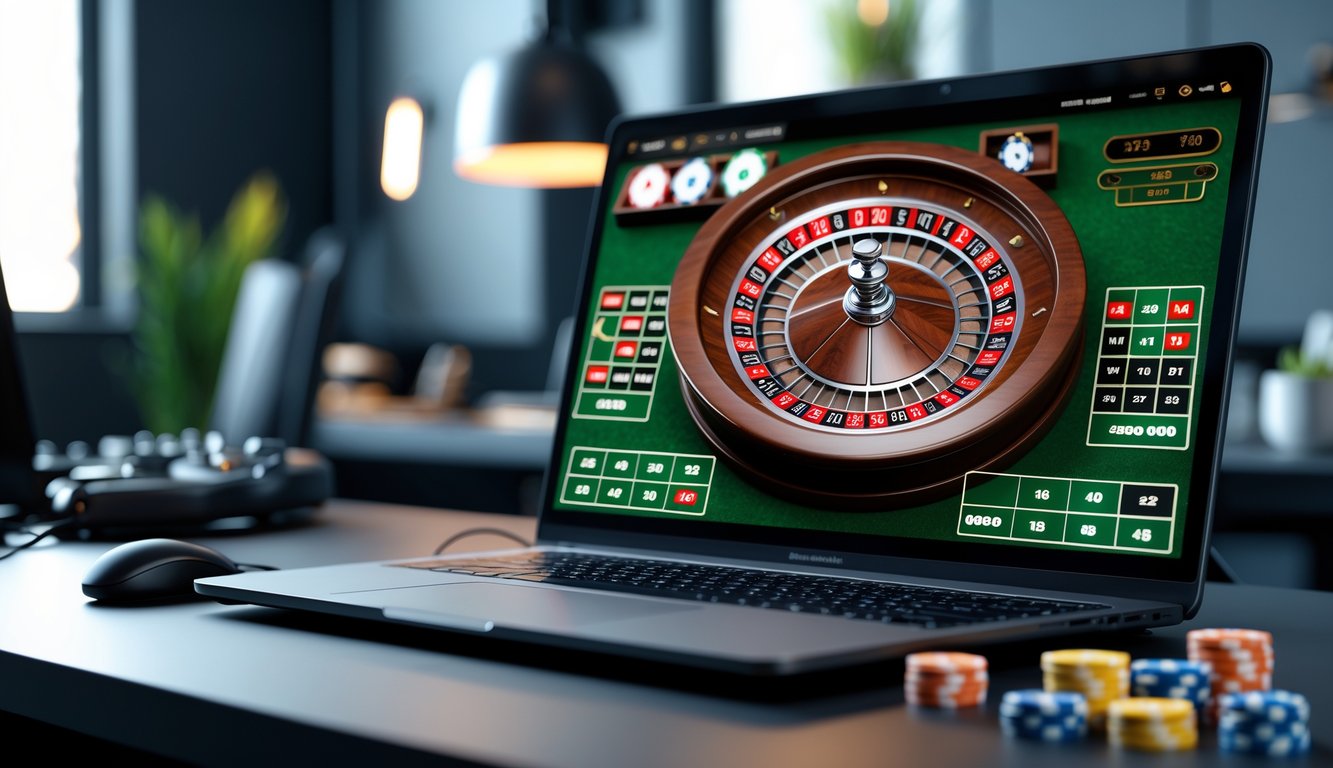 Sebuah meja taruhan roulette online modern yang menampilkan roda roulette digital di layar komputer dengan chip taruhan di meja virtual.