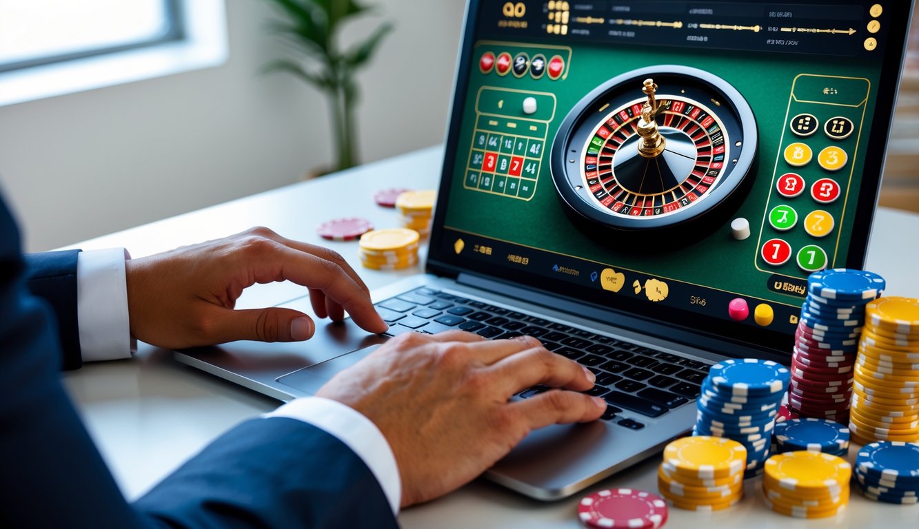 Seorang pemain profesional sedang menggunakan laptop dengan tampilan roda roulette dan tumpukan chip warna-warni di meja kerja yang rapi.