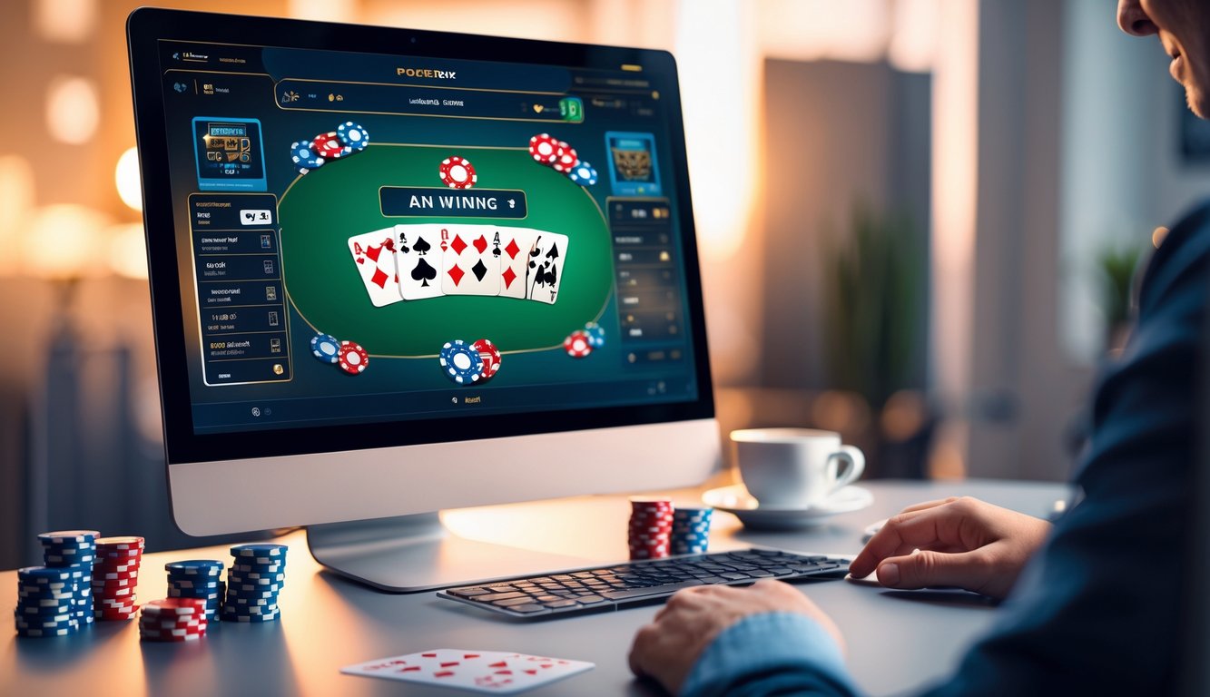 Seorang pemain poker online menggunakan komputer dengan tumpukan chip dan kartu di meja, menciptakan suasana santai dan fokus.