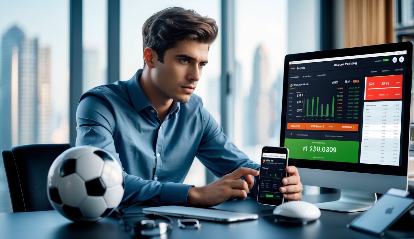 Seorang pria muda duduk di meja dengan beberapa perangkat digital menampilkan data taruhan sepak bola online, fokus dan serius dalam suasana kantor rumah yang terang.