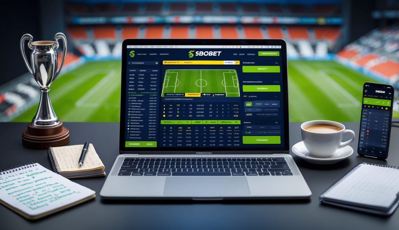 Seorang profesional sedang menggunakan laptop untuk taruhan sepak bola online dengan suasana kerja yang fokus dan strategis.