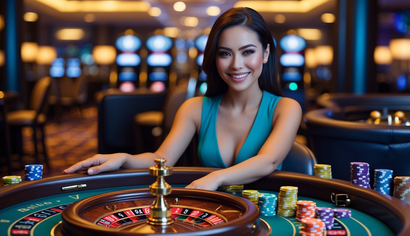 Seorang dealer wanita profesional duduk di belakang meja roulette dengan roda roulette berputar dan chip warna-warni, di lingkungan kasino yang mewah.