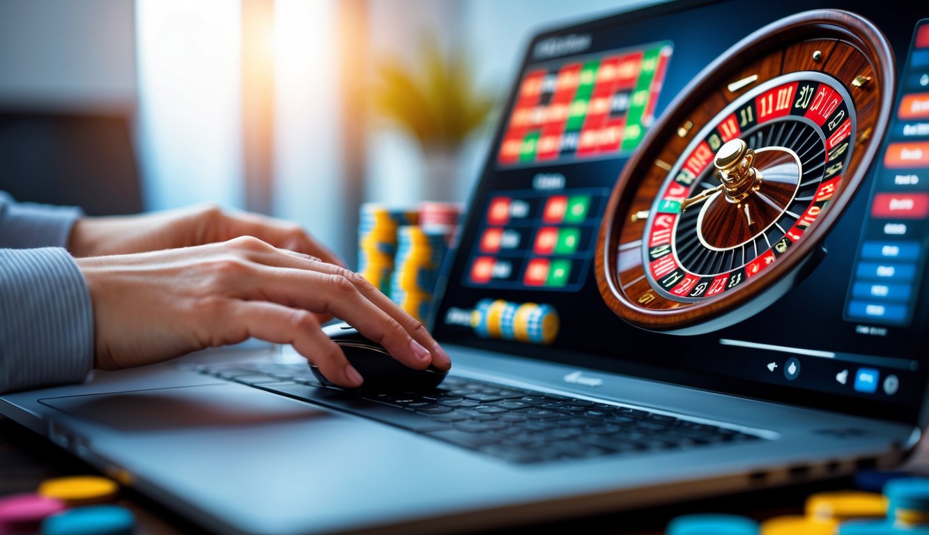 Seseorang menggunakan komputer dengan tampilan roda roulette dan tumpukan chip di meja, menunjukkan aktivitas bermain judi roulette online.