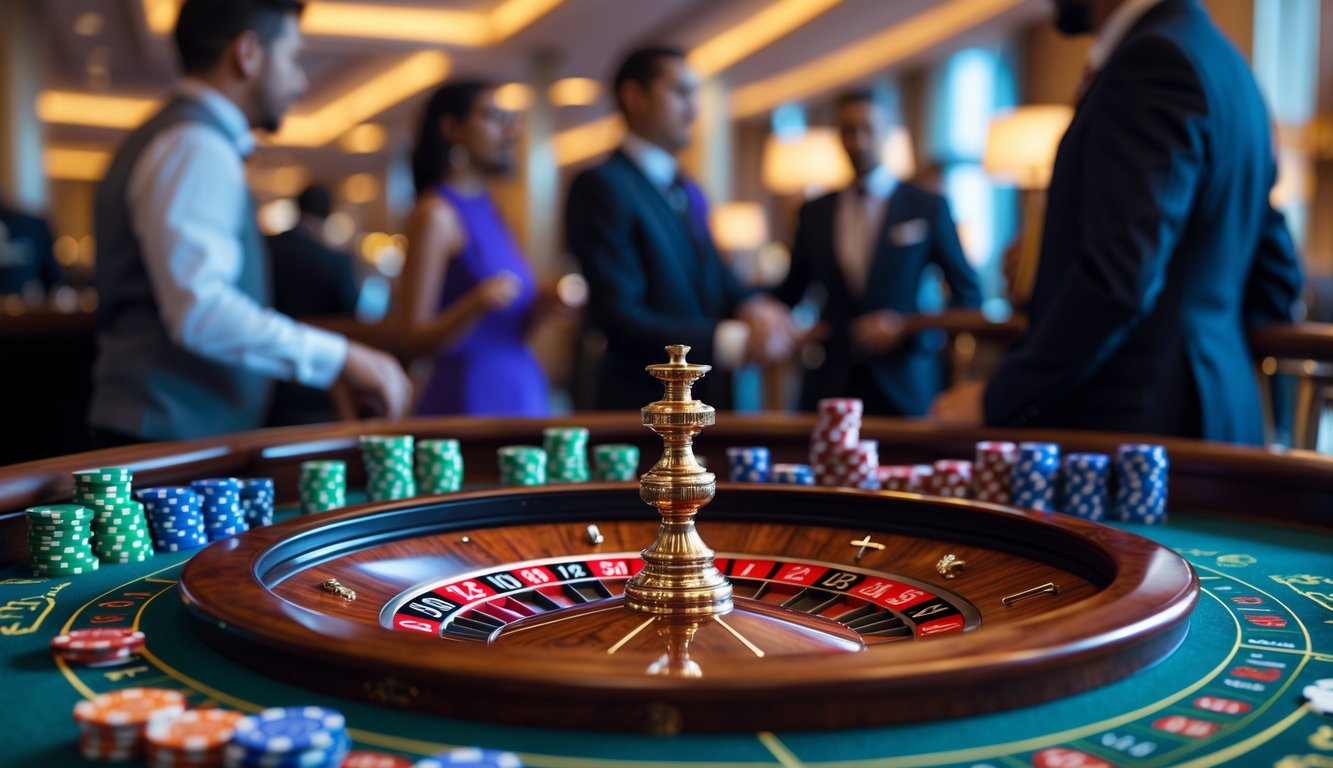 Meja roulette kasino dengan roda roulette yang sedang berputar dan chip taruhan, di lingkungan kasino yang mewah dengan orang-orang di latar belakang.