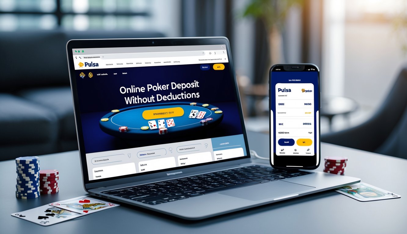 Sebuah meja kerja modern dengan laptop menampilkan permainan poker online dan ponsel yang menunjukkan aplikasi pembayaran pulsa.