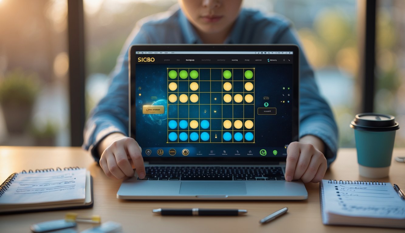 Seorang pemain sedang fokus bermain Sicbo online di depan laptop dengan catatan dan alat tulis di meja.