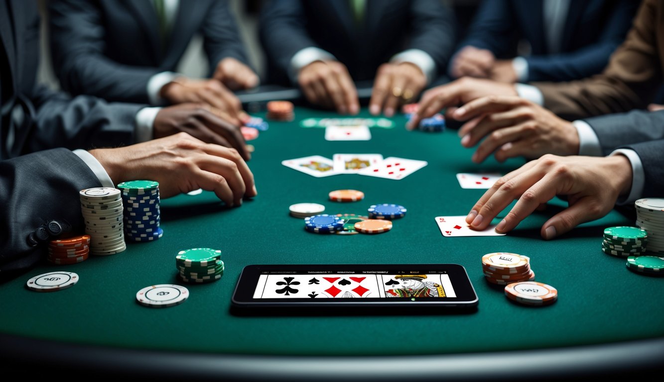 Meja poker modern dengan chip, kartu, dan perangkat digital menampilkan permainan poker, dikelilingi oleh pemain yang sedang fokus bermain.