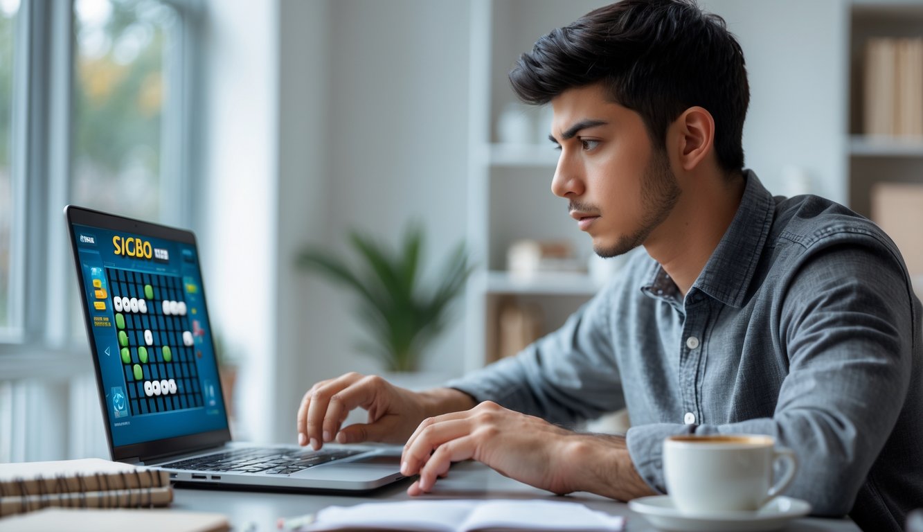 Seorang dewasa muda sedang bermain Sicbo online di laptop dengan ekspresi fokus di sebuah ruangan modern.