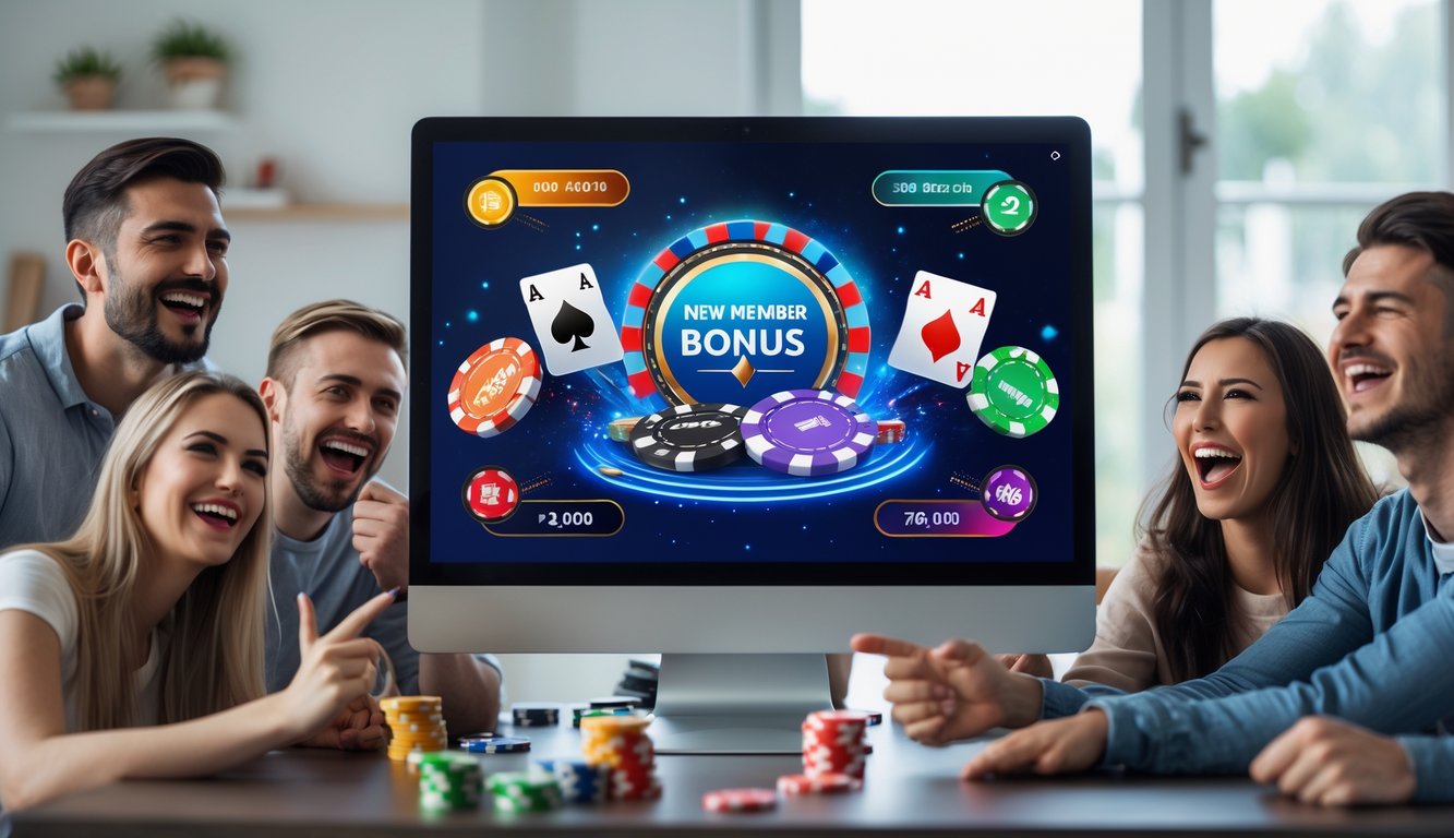 Sekelompok orang muda sedang bermain poker online di depan komputer dengan tumpukan chip dan kartu, tampak senang dan antusias.