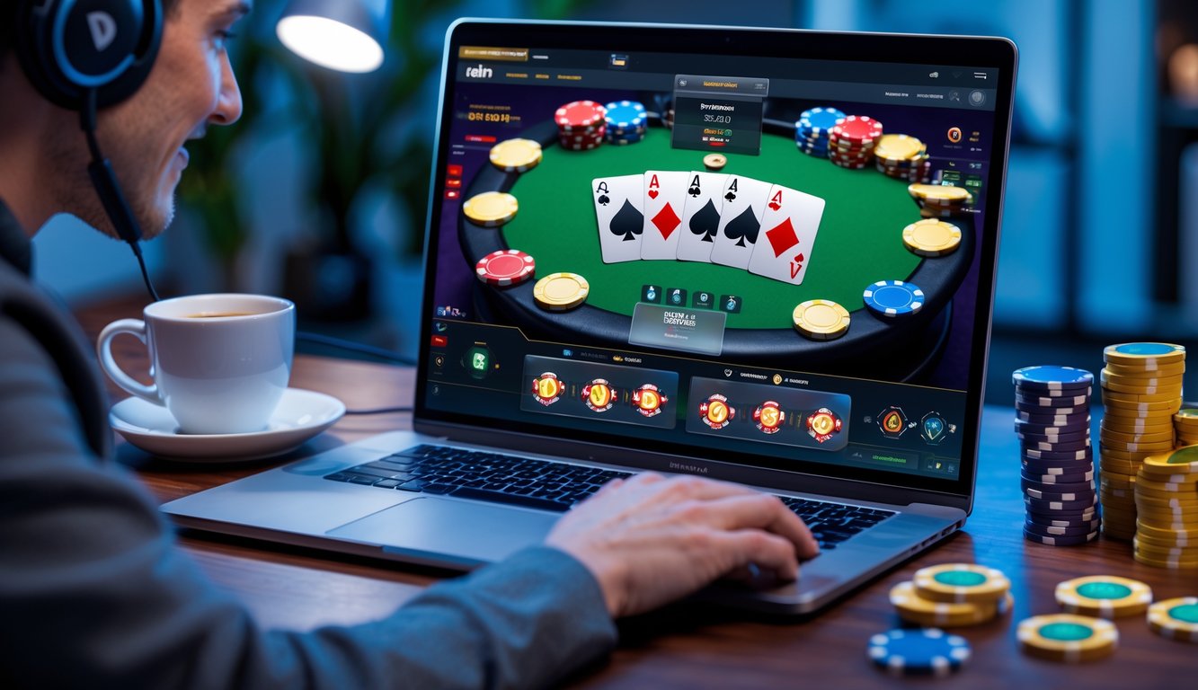 Seseorang bermain poker online di laptop dengan tumpukan chip dan kartu di layar komputer.