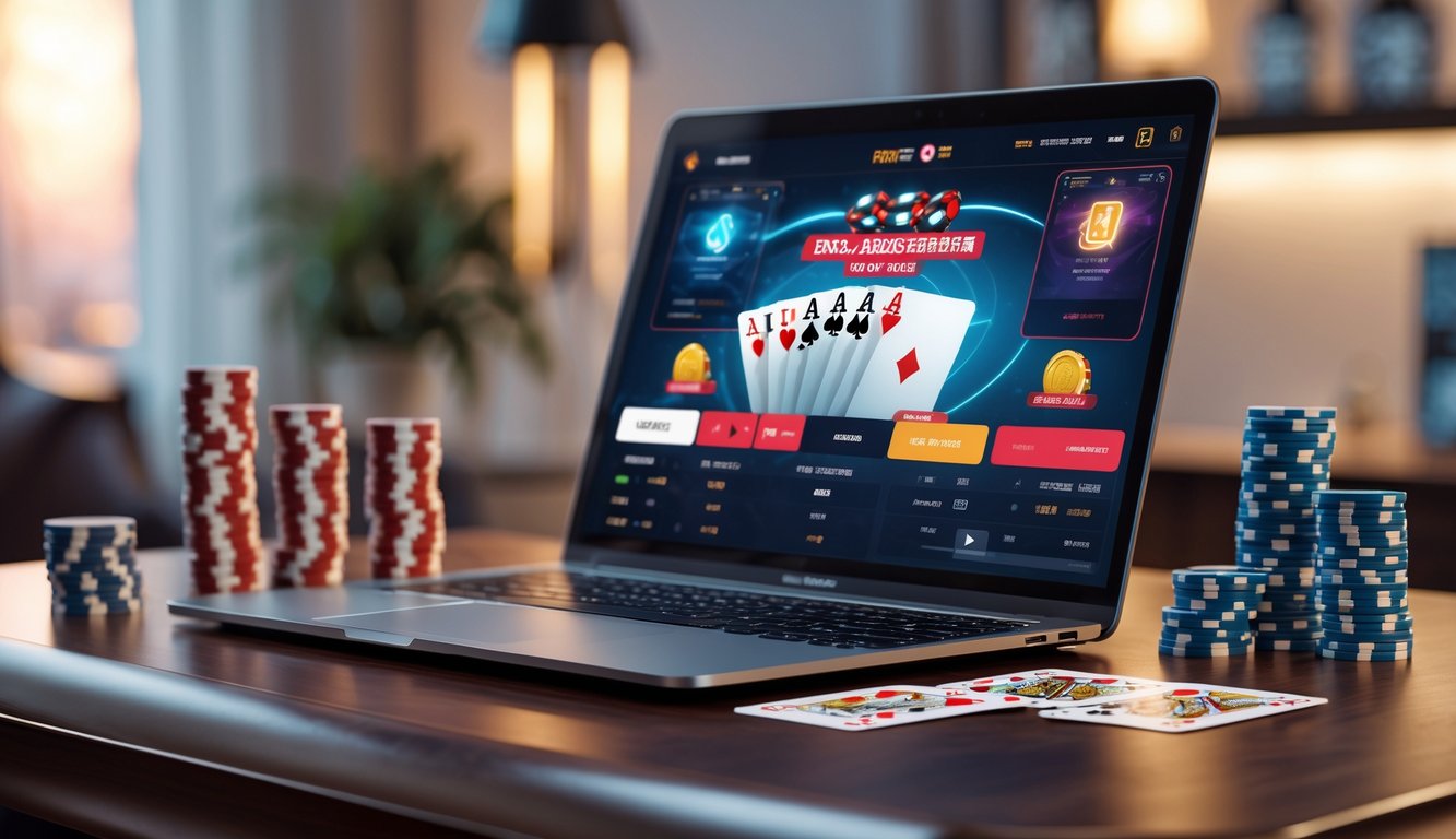 Sebuah meja dengan laptop yang menampilkan permainan poker online, dikelilingi oleh tumpukan chip poker dan kartu di atas meja felt.