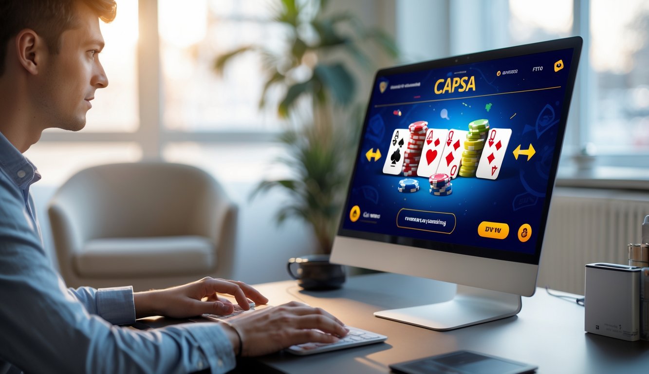 Seorang dewasa muda sedang menggunakan komputer dengan tampilan permainan Capsa online yang berwarna-warni di layar, di sebuah ruangan yang terang dan nyaman.