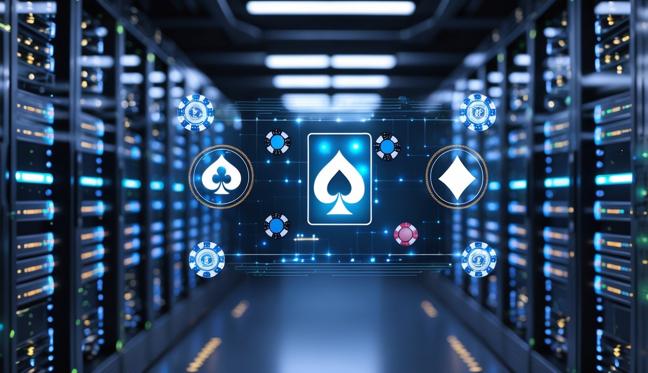 Ruang server komputer modern dengan lampu LED menyala dan grafik kartu poker serta chip yang melayang di depan.