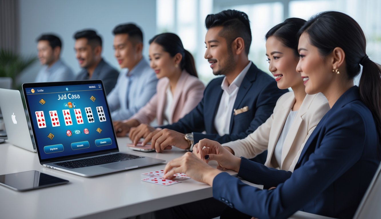 Beberapa orang dewasa bermain permainan kartu Judi Capsa secara online menggunakan laptop di ruang kerja yang terang dan rapi.