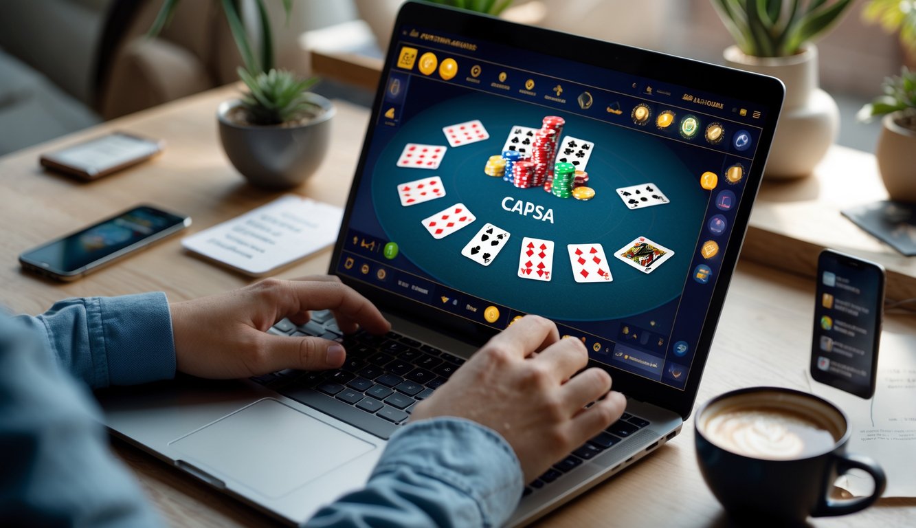 Seorang pemain sedang menggunakan laptop untuk bermain judi Capsa online dengan kartu dan chip terlihat di layar, di meja juga ada ponsel dan secangkir kopi.