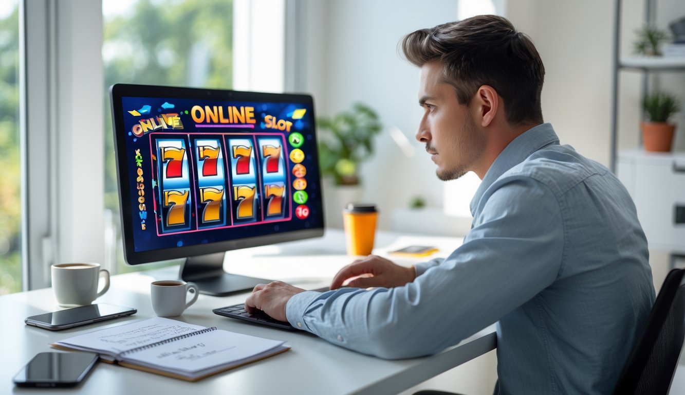Seorang pria muda duduk di meja kerja dengan laptop yang menampilkan grafik mesin slot, suasana belajar di ruang kerja rumah yang terang.