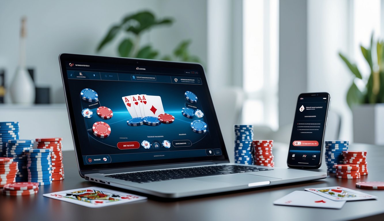 Meja kerja dengan laptop yang menampilkan permainan poker online, dikelilingi oleh chip poker dan kartu remi.