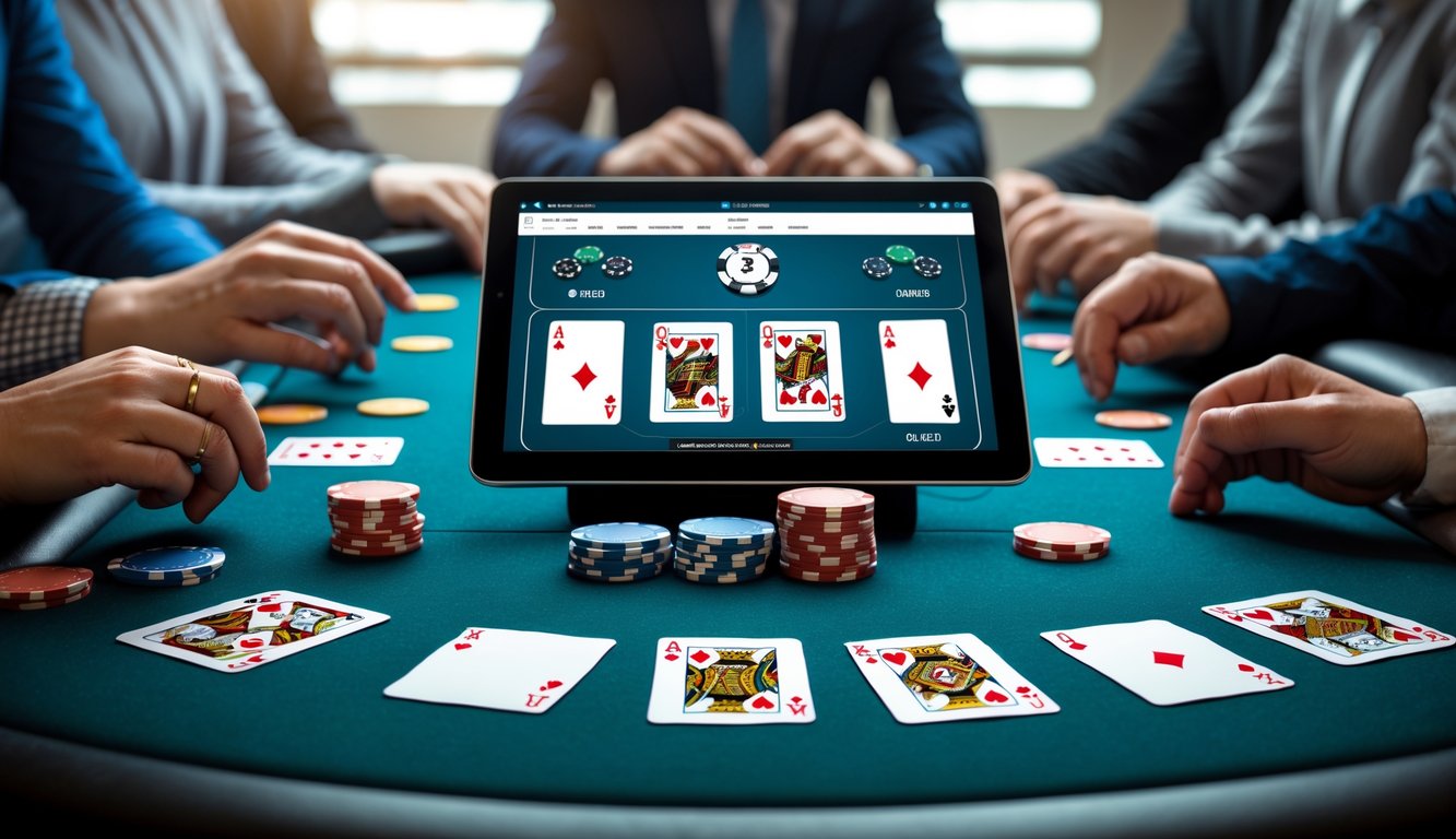 Meja permainan kartu dengan pemain yang sedang menyusun kartu dan chip dalam suasana fokus dan strategis.